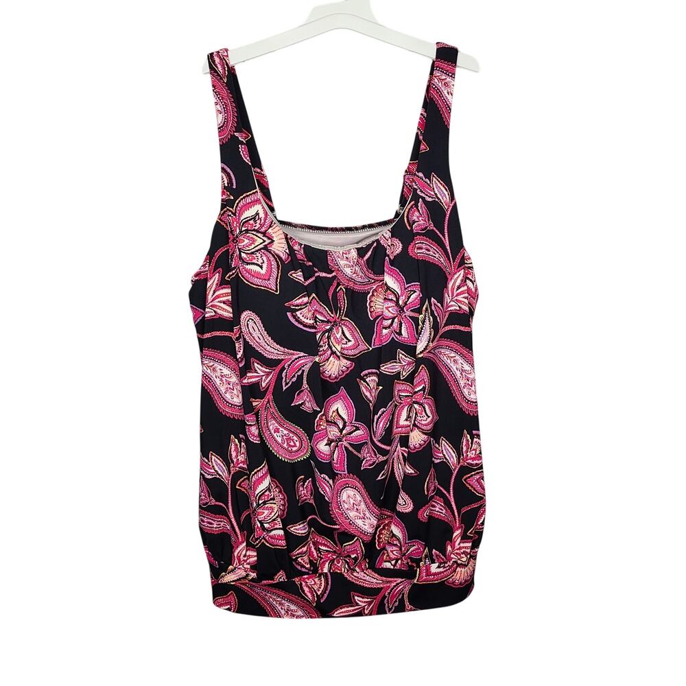 Lands End 14W Tankini Top Pink Black Paisley Floral Print Swimwear Plus Size